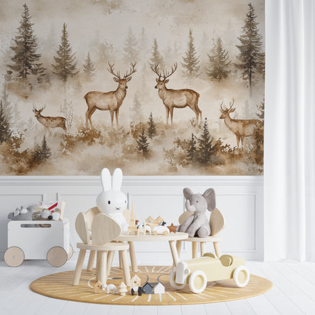 Forest animals wallpaper creating a cozy atmosphere in a modern living room with natural light