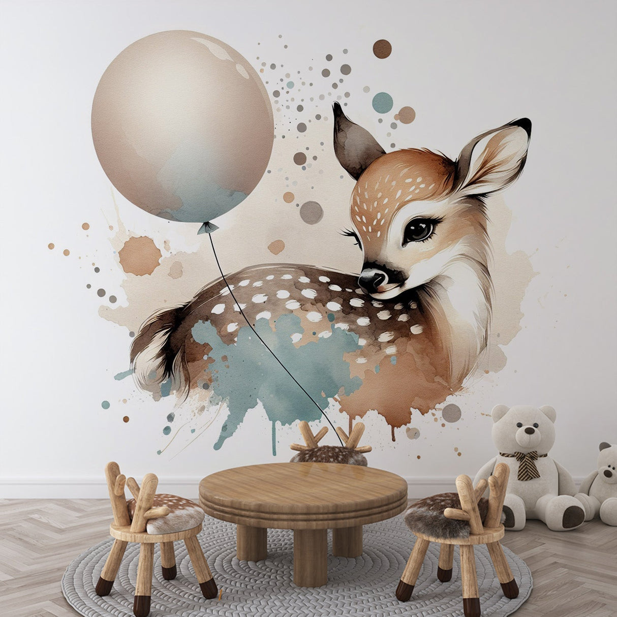 Forest animal wallpaper with watercolor deer and balloon styled in a cozy nursery with natural wood furniture and soft textiles