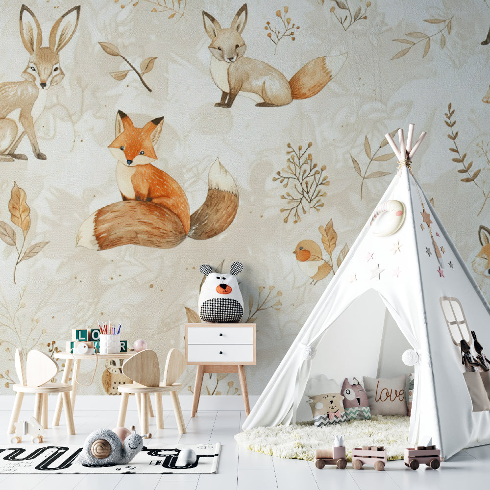 Woodland fox wallpaper in modern children's playroom showing scale and colors