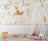 Fox and friends mural wallpaper in baby's nursery with white furniture