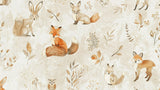 Design file showing detailed watercolor fox and rabbit pattern with golden botanical elements