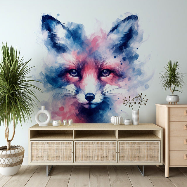 Watercolor Fox Wallpaper creating a magical atmosphere in a modern nursery with soft pink and blue tones