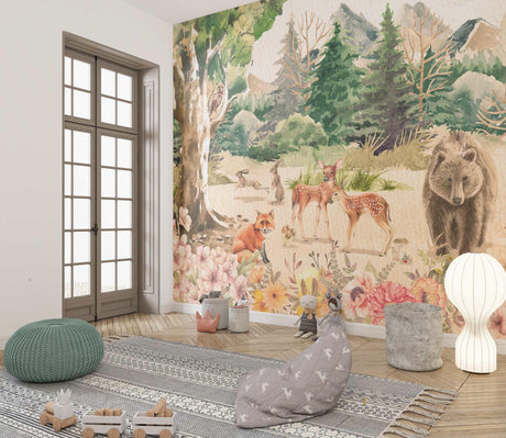 Forest animals wallpaper creating a cozy atmosphere in a modern nursery with natural wood furniture and soft textiles