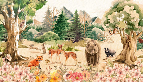 Watercolor forest animals wallpaper design file showing detailed wildlife and floral pattern