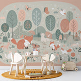 Forest animals wallpaper creating a magical atmosphere in a cozy nursery with soft lighting and natural decor