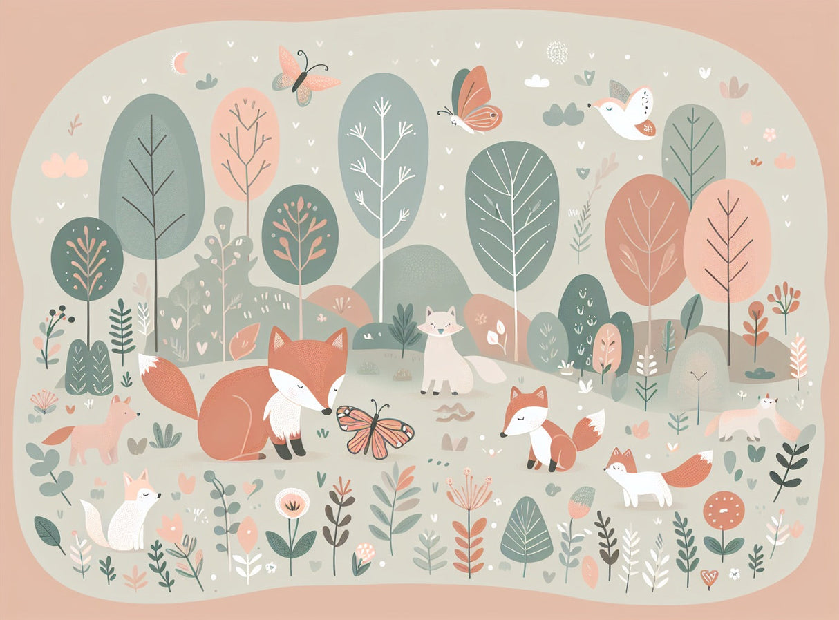 Fox and butterfly forest wallpaper design file showing intricate pattern details and soft color palette