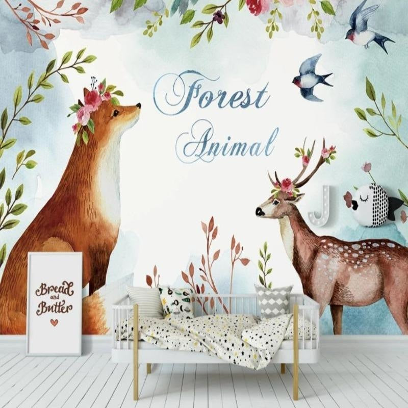 Forest animals wallpaper creating a cozy atmosphere in a modern nursery with white furniture