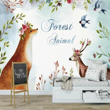 Forest animal mural displayed in a playroom with wooden toys