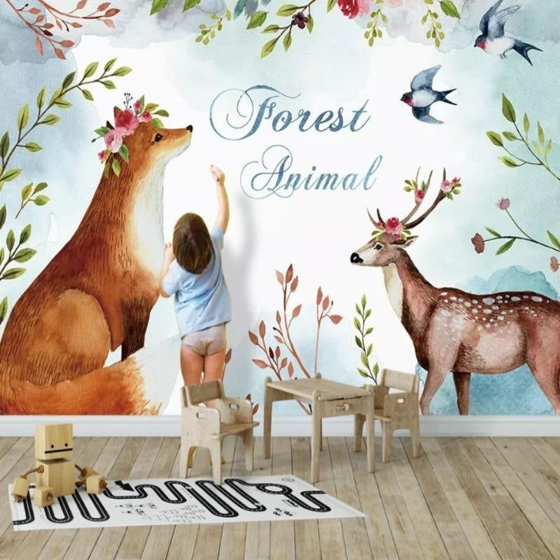 Whimsical fox and deer wallpaper adding magic to a baby's sleeping area