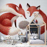 Forest animals wallpaper creating a cozy atmosphere in a modern nursery with fox and hedgehog design