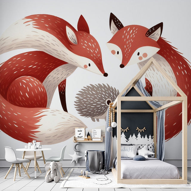 Forest animals wallpaper creating a cozy atmosphere in a modern nursery with fox and hedgehog design