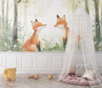 Forest fox wallpaper bringing charm to a cozy nursery with natural light and wooden furniture