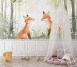 Forest fox wallpaper bringing charm to a cozy nursery with natural light and wooden furniture