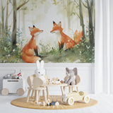 Woodland animal mural creating magic in a child's reading nook with soft cushions