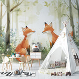 Forest friends wallpaper transforming a playroom with gentle green and orange tones