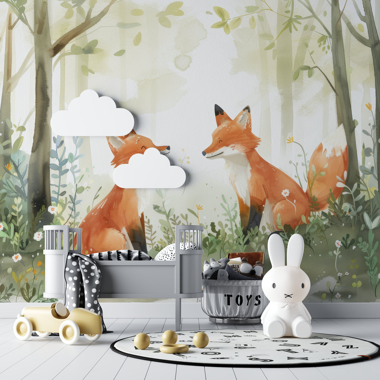 Fox friends mural adding whimsy to a modern kids bedroom with minimal decor
