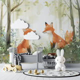 Fox friends mural adding whimsy to a modern kids bedroom with minimal decor
