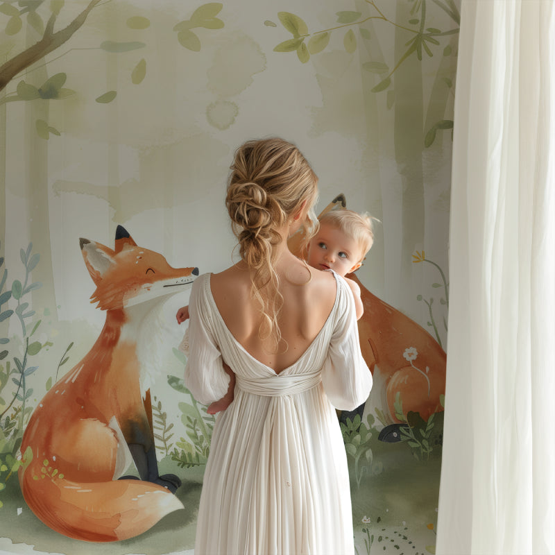 Woodland wallpaper brightening up a baby's room with soft natural lighting