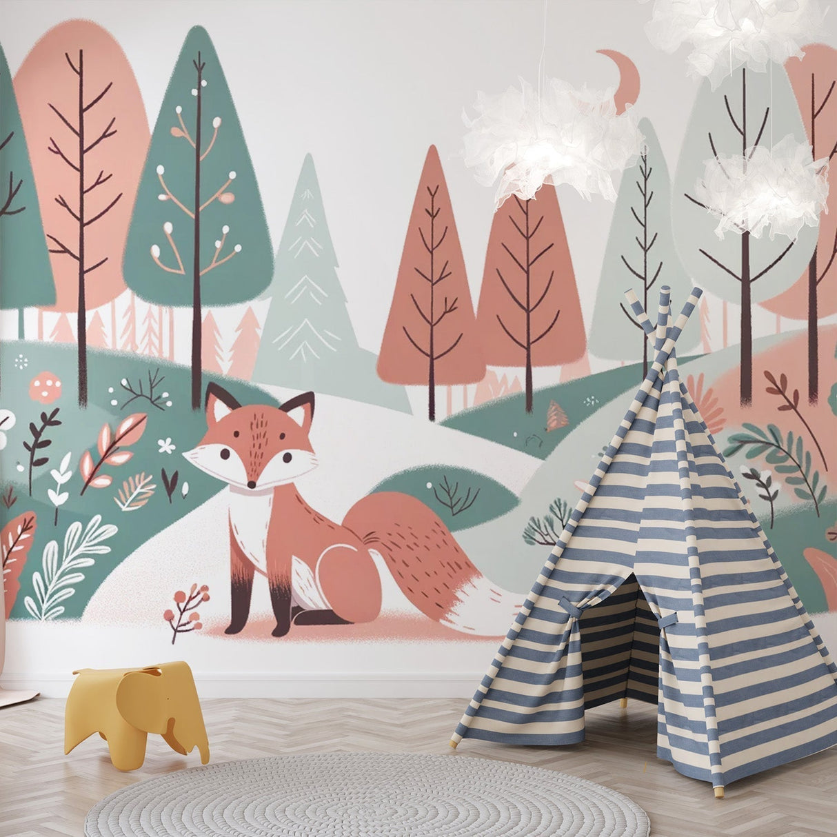 Woodland Fox Wallpaper creating a magical atmosphere in a cozy nursery with soft lighting and natural wood furniture