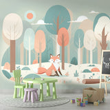 Forest Animals Wallpaper showcased in a bright nursery with white furniture, creating a peaceful woodland atmosphere