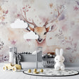 Forest Animals Wallpaper displayed in a bright nursery with white furniture, showing scale of deer and owl characters