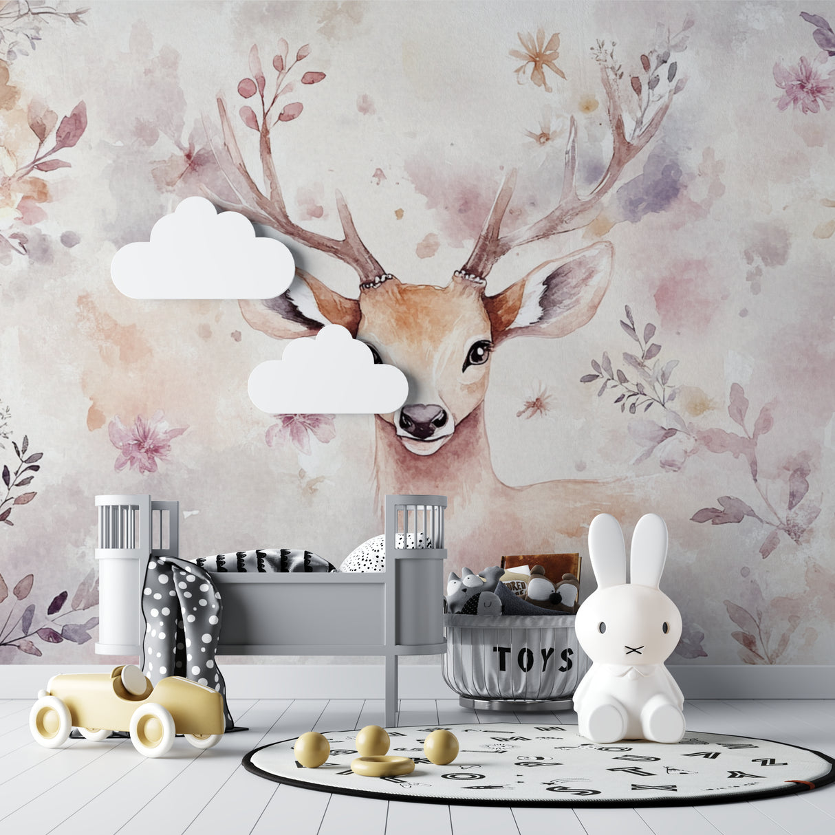 Forest Animals Wallpaper displayed in a bright nursery with white furniture, showing scale of deer and owl characters
