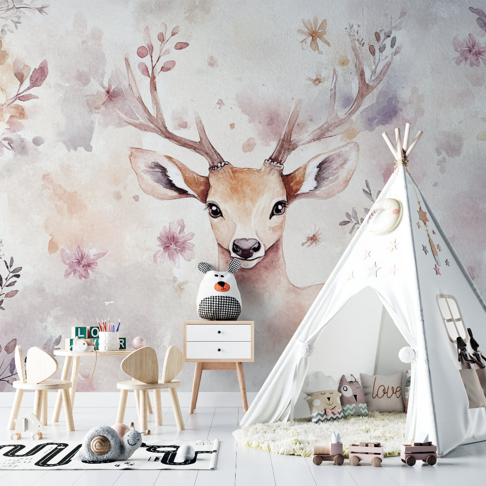 Woodland animals wall mural in a toddler's reading nook with cozy cushions