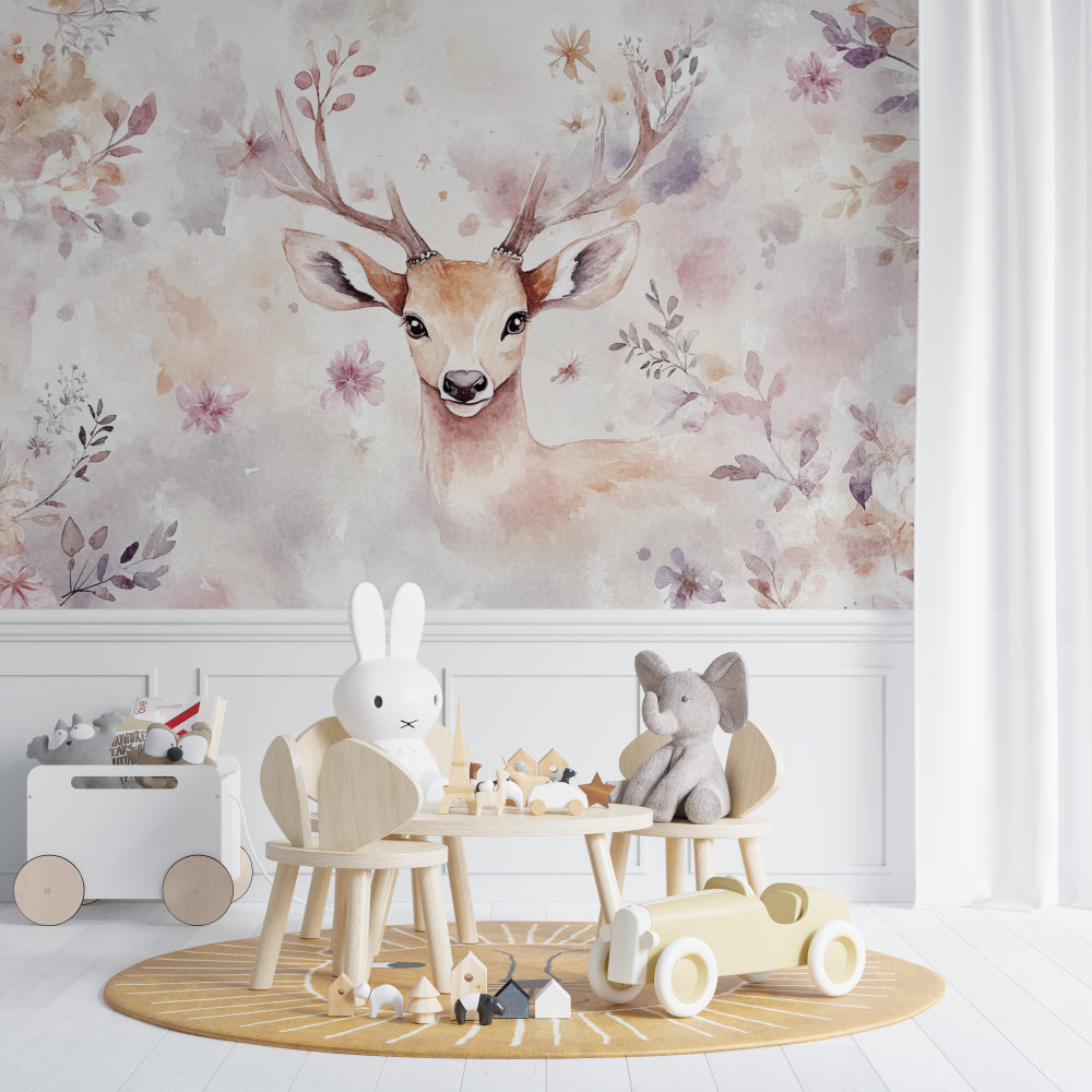 Kids bedroom featuring forest animals wallpaper with natural lighting highlighting the soft colors