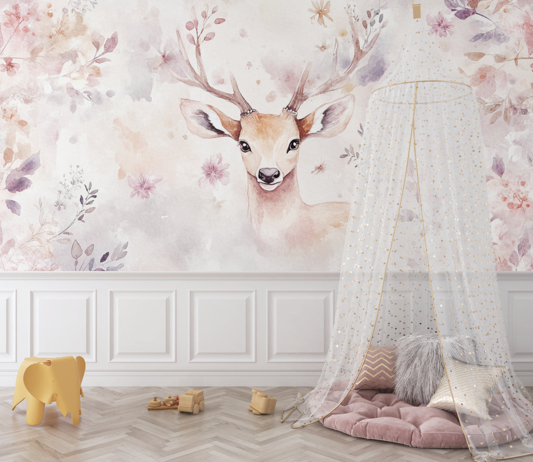 Forest animal mural in playroom setting showing full wall application