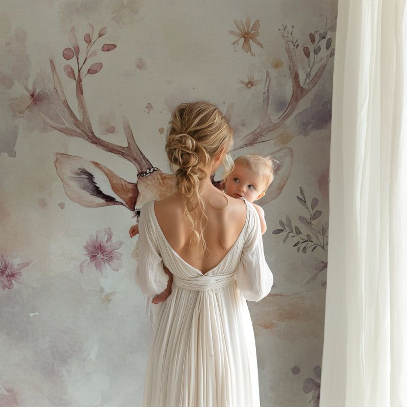 Whimsical animals wallpaper in baby nursery with crib and mobile
