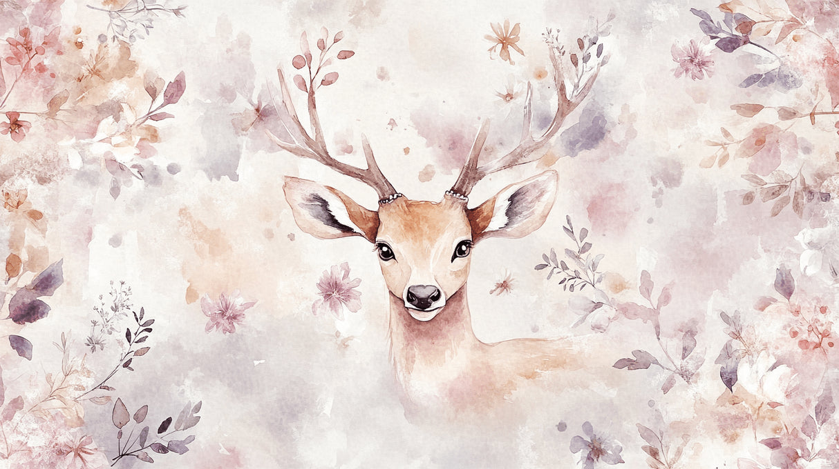 Design file showing detailed forest animals pattern with deer, owl, and watercolor elements