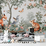 Whimsical fox wallpaper in Scandinavian-style kids bedroom
