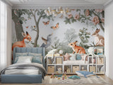 Nature-inspired mural in baby room with minimal furniture