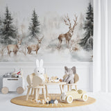 Winter forest mural in master bedroom creating a peaceful nature backdrop