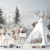 Deer and pine trees wallpaper in dining room showing soft winter colors