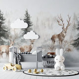 Forest wallpaper in home office with subtle gray-green tones and white accents
