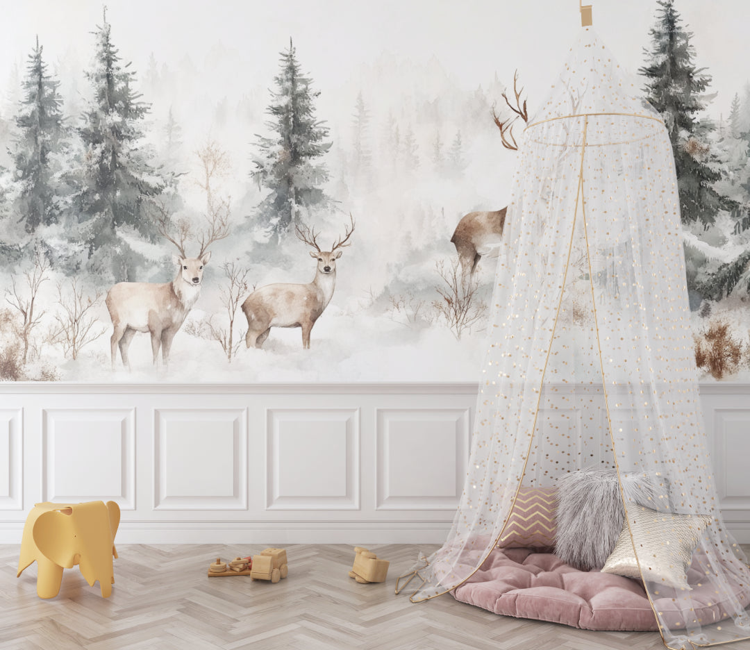 Woodland mural in reading nook showcasing deer among misty pine trees