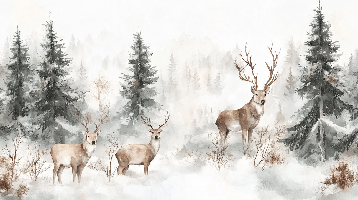 Design file of deer and pine trees pattern showing full winter forest scene detail