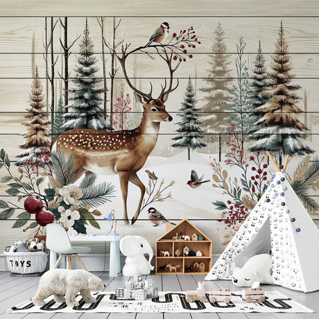 Forest Animals Wallpaper with winter deer scene shown in a cozy living room setting with natural light