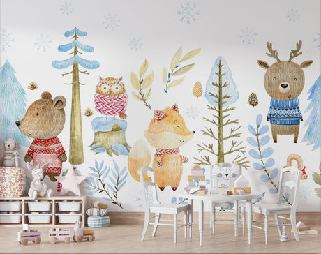 Cozy Winter Forest Animals Wallpaper in modern Scandinavian nursery with white furniture
