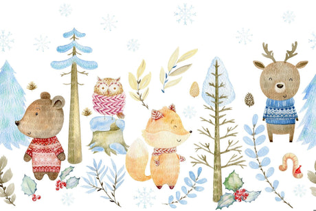 Winter Forest Animals design file showing full pattern with sweater-wearing woodland creatures