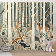 Forest animals wallpaper in bright nursery showing deer and foxes among birch trees, creating a peaceful woodland atmosphere