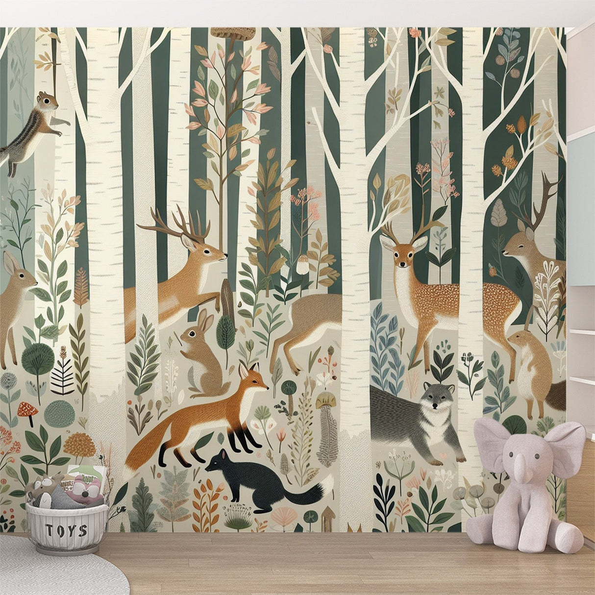 Forest animals wallpaper in bright nursery showing deer and foxes among birch trees, creating a peaceful woodland atmosphere