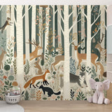 Forest animals wallpaper in bright nursery showing deer and foxes among birch trees, creating a peaceful woodland atmosphere
