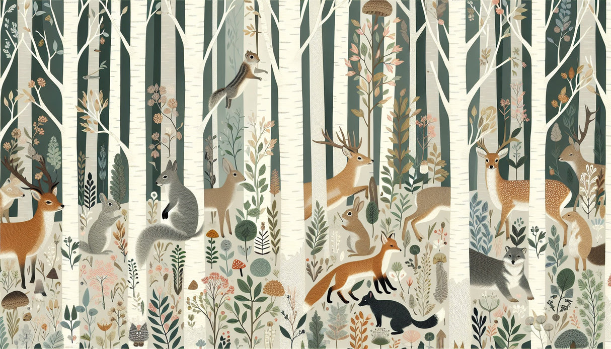 Forest animals wallpaper design file showing detailed woodland scene with sage green background and white birch trees