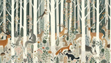 Forest animals wallpaper design file showing detailed woodland scene with sage green background and white birch trees