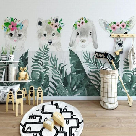 Forest animals wallpaper creating a cozy atmosphere in a modern nursery with natural light