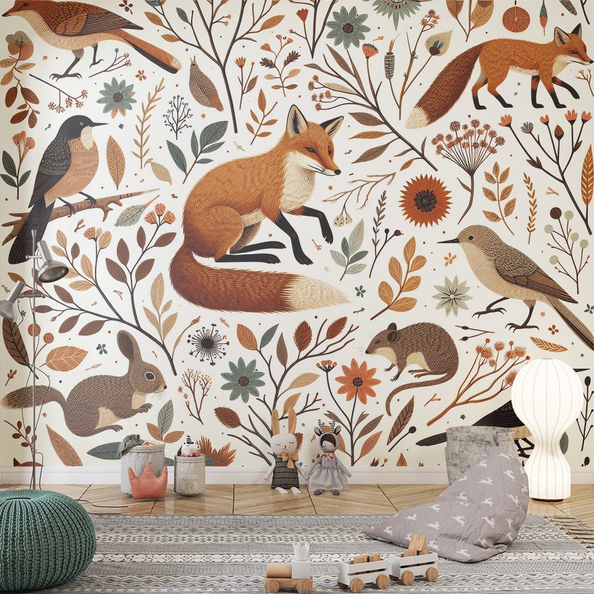 Forest animals wallpaper styled in a cozy nursery with white furniture, showing playful fox and birds design