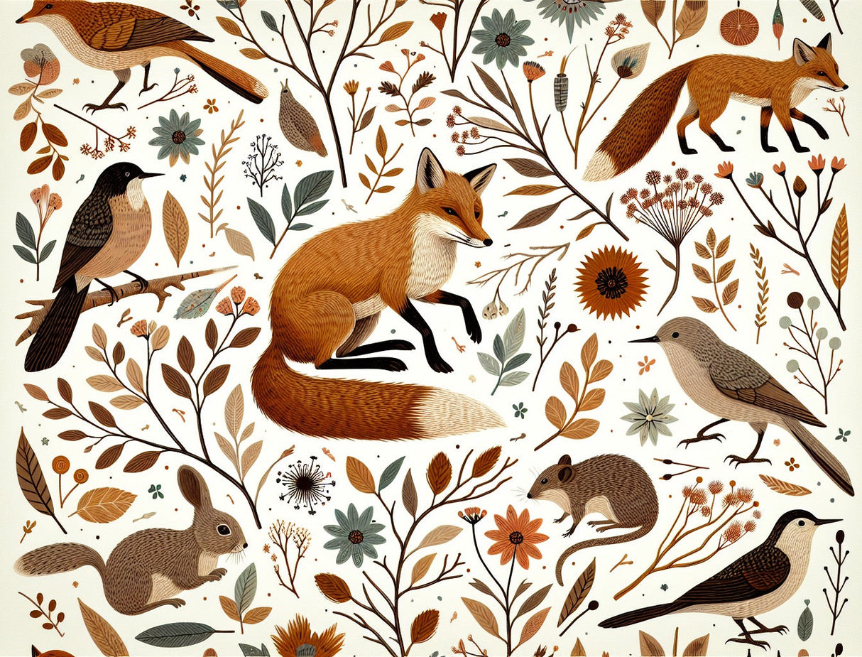 Woodland fox and birds design file showing detailed pattern on white background