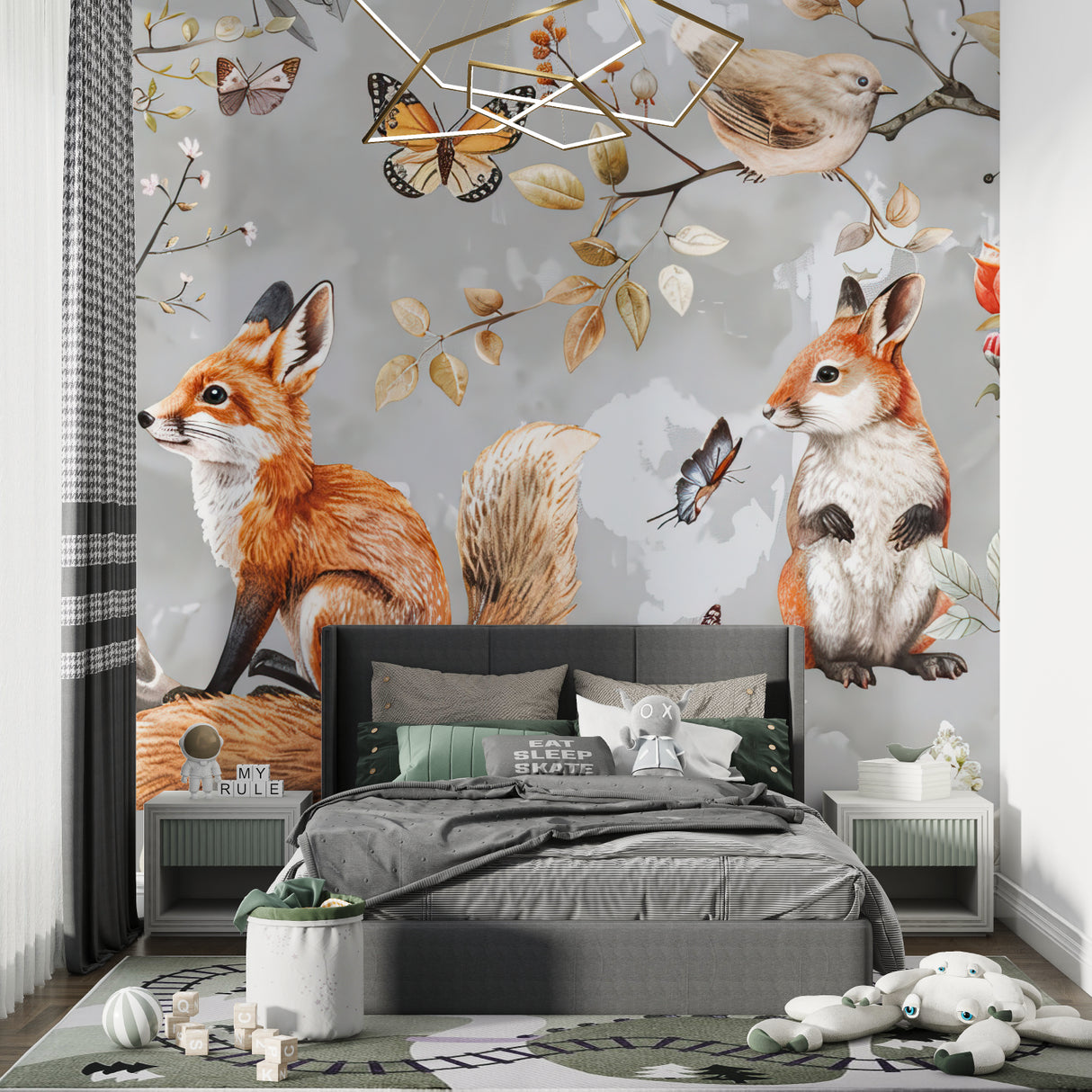 Forest animals wallpaper creating a cozy atmosphere in a modern nursery with grey and white furniture
